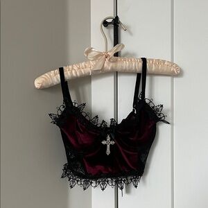 Goth Burgundy Velvet Lace Bustier Top - Dollskill